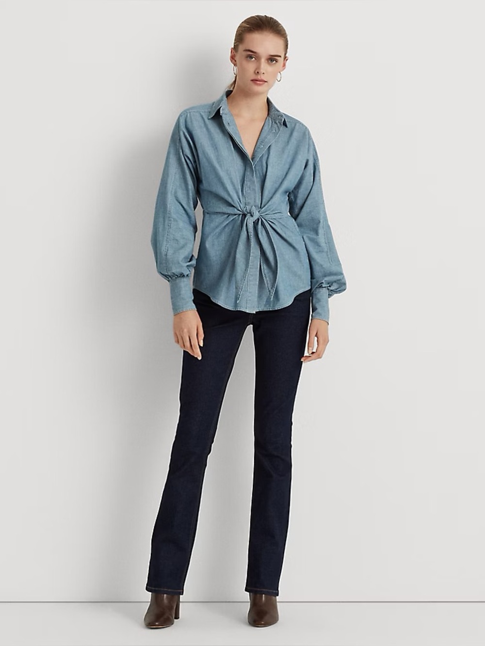 LAUREN Ralph Lauren Black‎ Label Front Tie Chambray Denim Shirt XS
